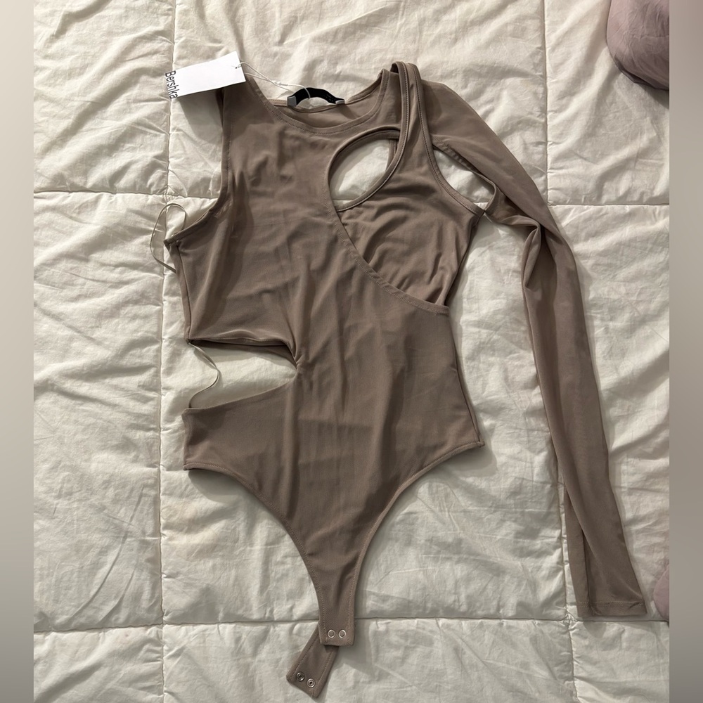 Bershka cut out Bodysuit in Taupe
